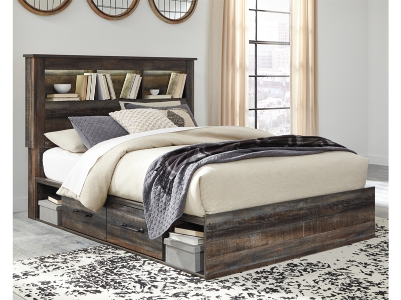 Storage Bed Rustic Industrial with Integrated Lighting and Four Drawers