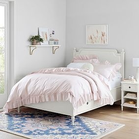 Storage Bed Scalloped Headboard White Finish Ruffled Feminine Design