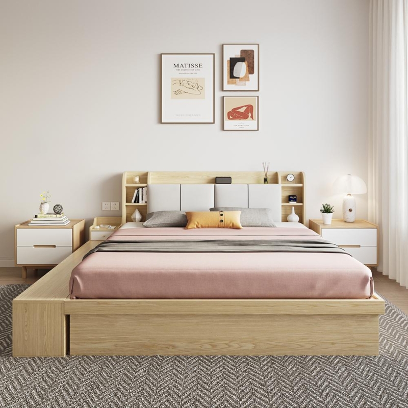Storage Bed Scandinavian Light Wood Finish with Wide Side Rail