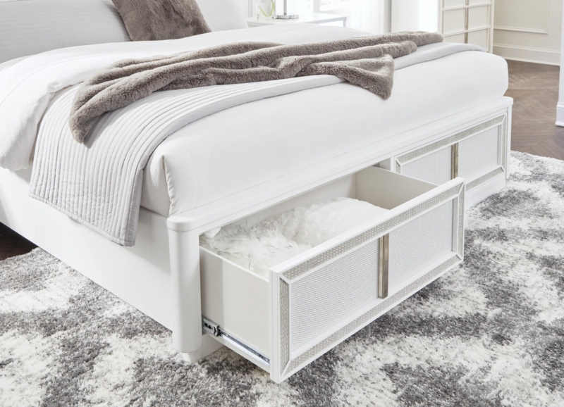 Storage Bed Textured Drawer Front Metallic Trim Glam Footboard