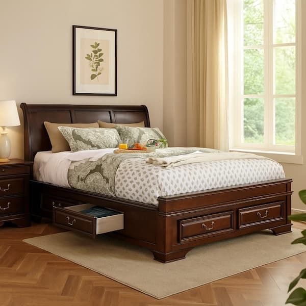 Storage Bed, Transitional Dark Brown with Sleigh Headboard