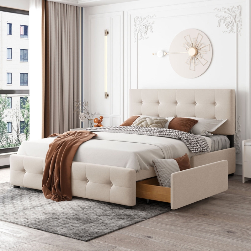 Storage Bed Tufted Headboard with Footboard Side Drawers Beige