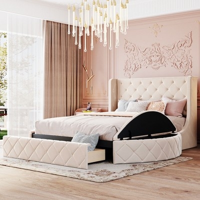 Storage Bed Tufted Wingback Silhouette Beige Glam Upholstery