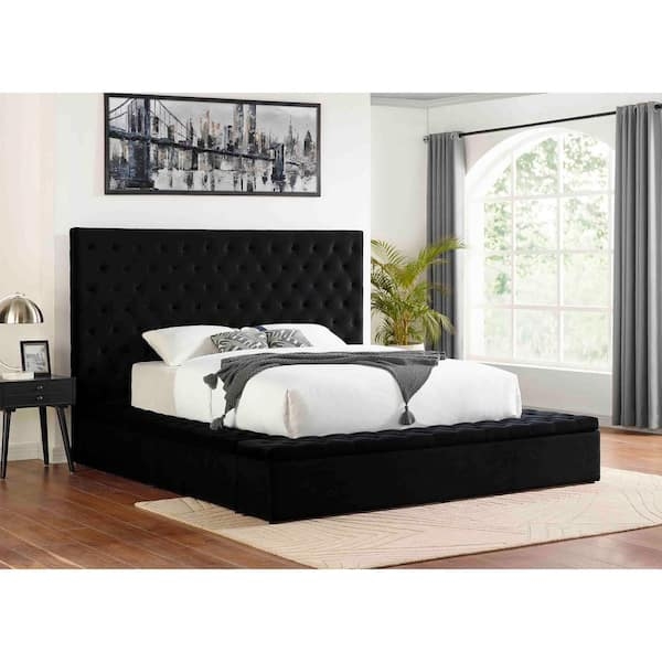 Storage Bed Velvet Extra Tall Headboard Integrated Bench