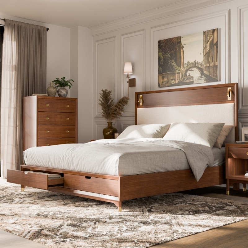 Storage Bed Walnut Boucle Inlay Headboard Integrated Reading Lights