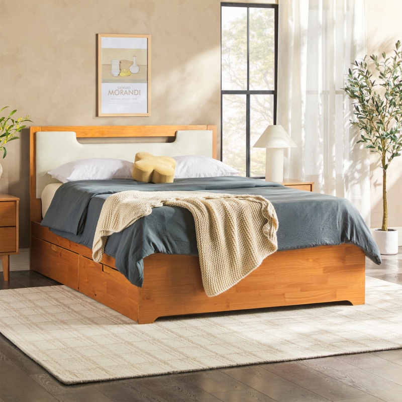 Storage Bed Walnut Cutout Headboard with Drawers