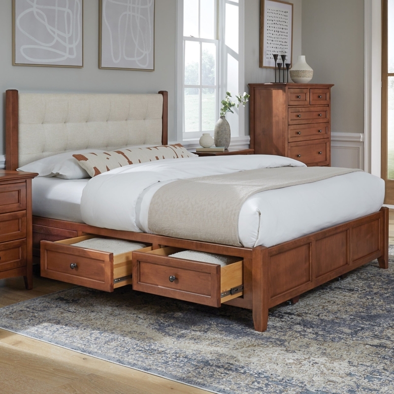 Storage Bed Warm Wood Finish Tufted Linen Headboard With Drawers