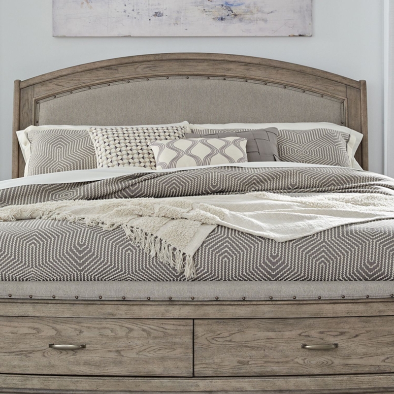 Storage Bed Weathered Gray Wood Arched Headboard Nailhead Trim