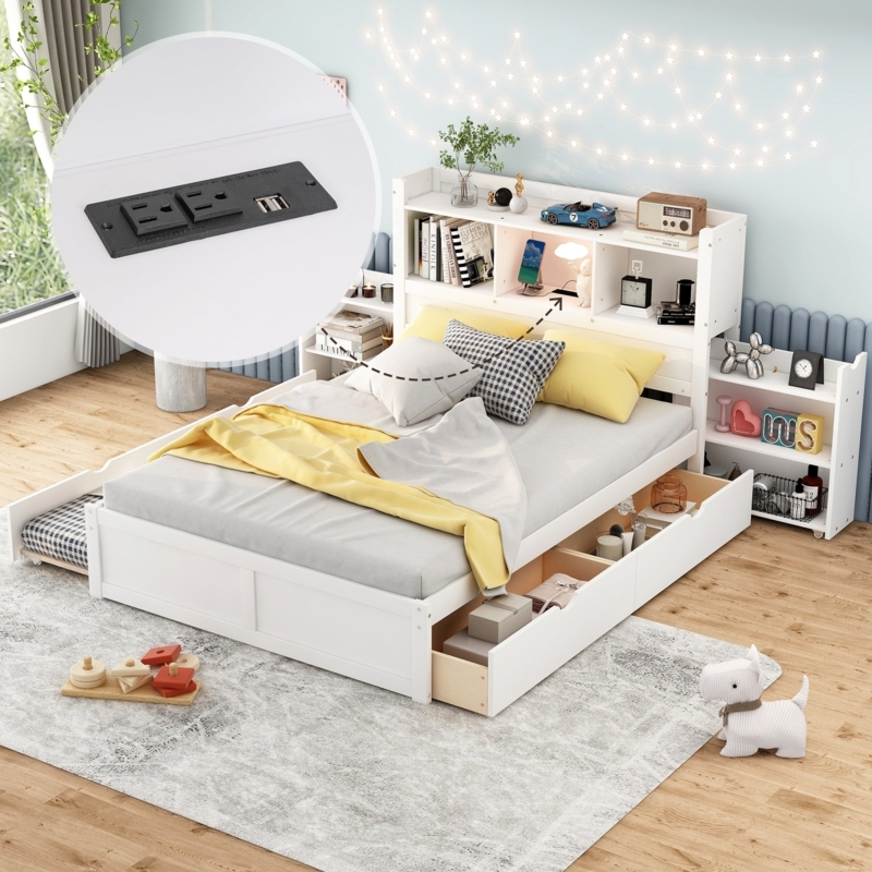 Storage Bed White Bookcase Headboard with USB and Trundle