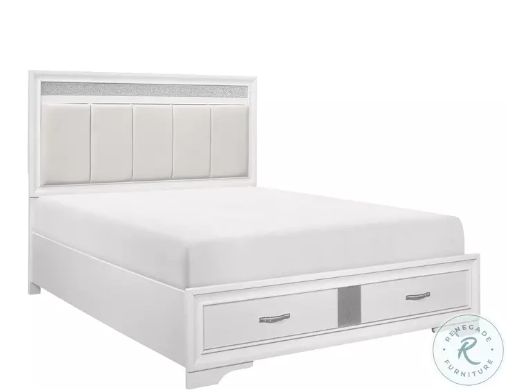 Storage Bed White Silver Glitter Accents Channel Tufted Headboard