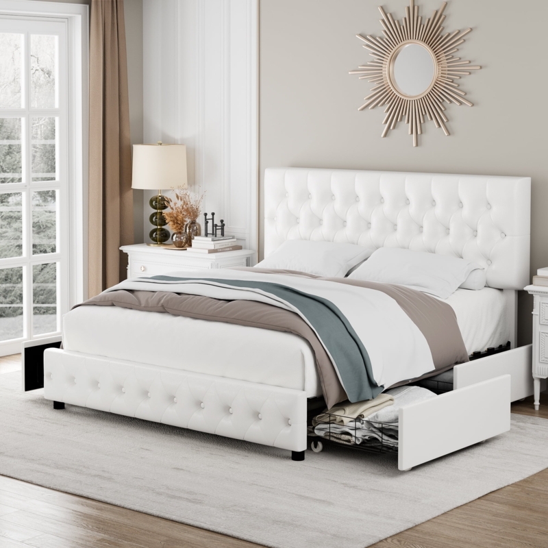 Storage Bed White Tufted Leather-like Queen Bed With Four Drawers