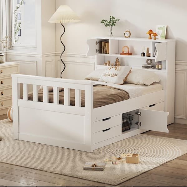 Storage Bed White Twin Farmhouse Bookcase Headboard Slatted Details