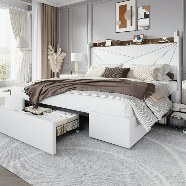 Storage Bed White Upholstered Wingback with Geometric Quilting