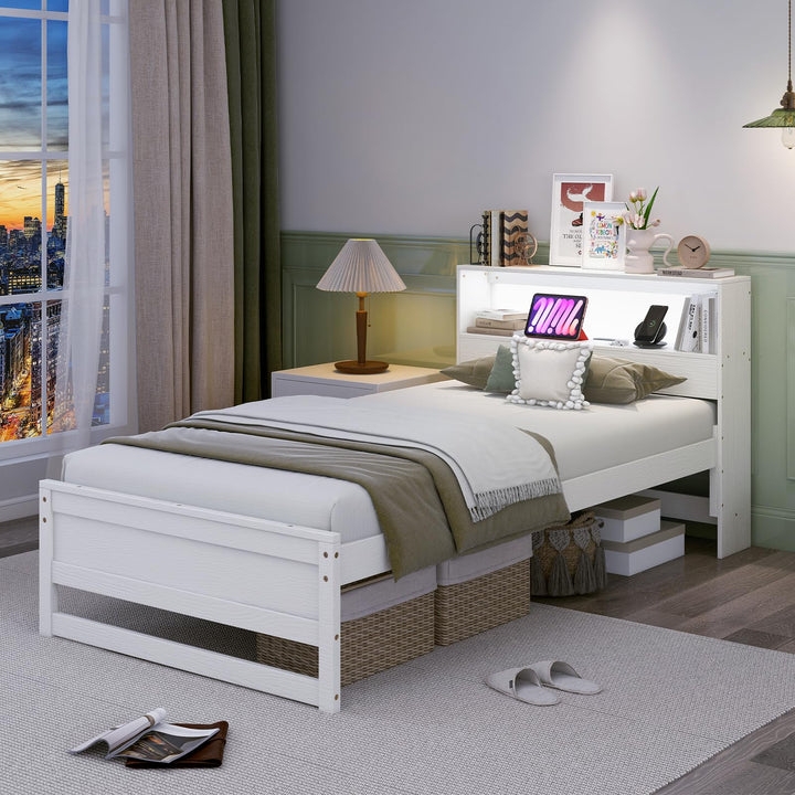 Storage Bed White Wood Grain Integrated Charging Station LED Lighting