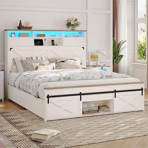 Storage Bed Whitewashed Farmhouse LED Headboard Barn Door Footboard