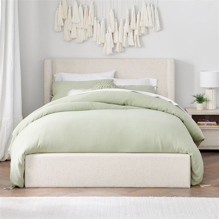 Storage Bed Wingback Headboard Sage Green Upholstered Linen