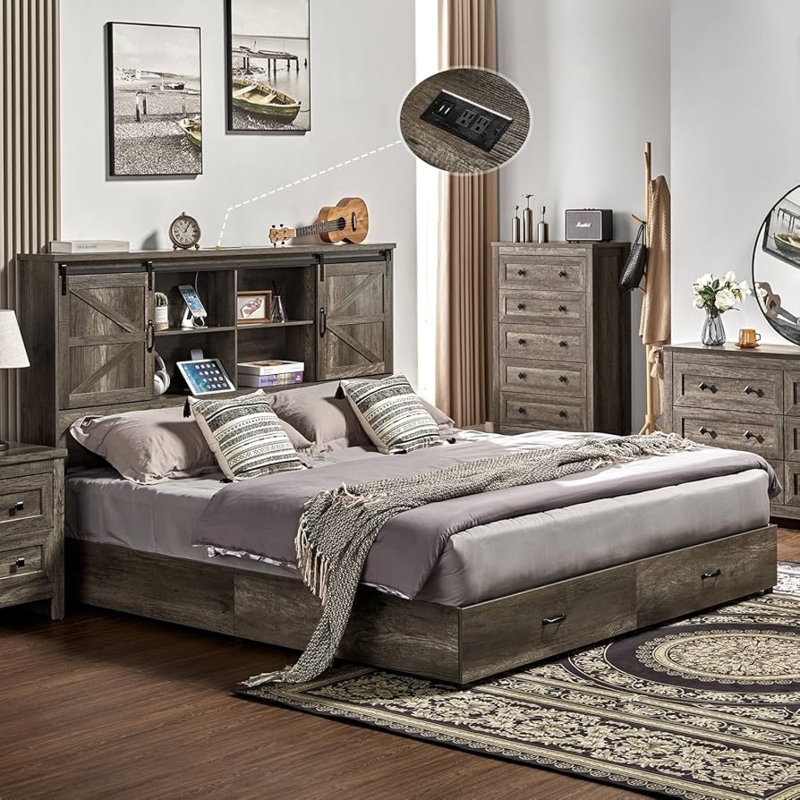 Storage Bed with Barn Door Headboard, Rustic Grey Finish