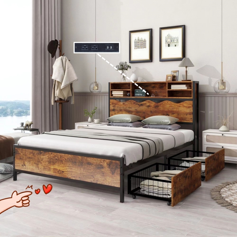 Storage Bed with Bookcase Headboard and Integrated Outlets