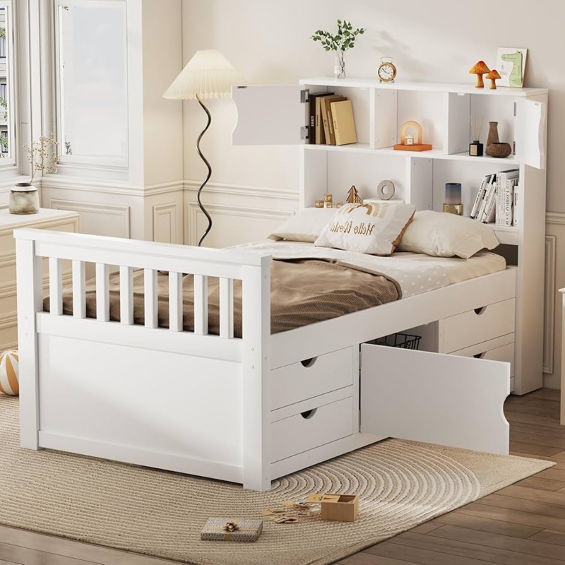 Storage Bed with Bookcase Headboard and Multi-Drawer Storage