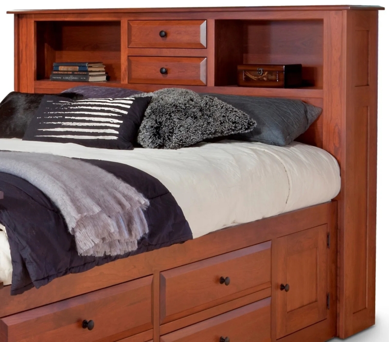 Storage Bed with Bookcase Headboard and Recessed Panel Drawers