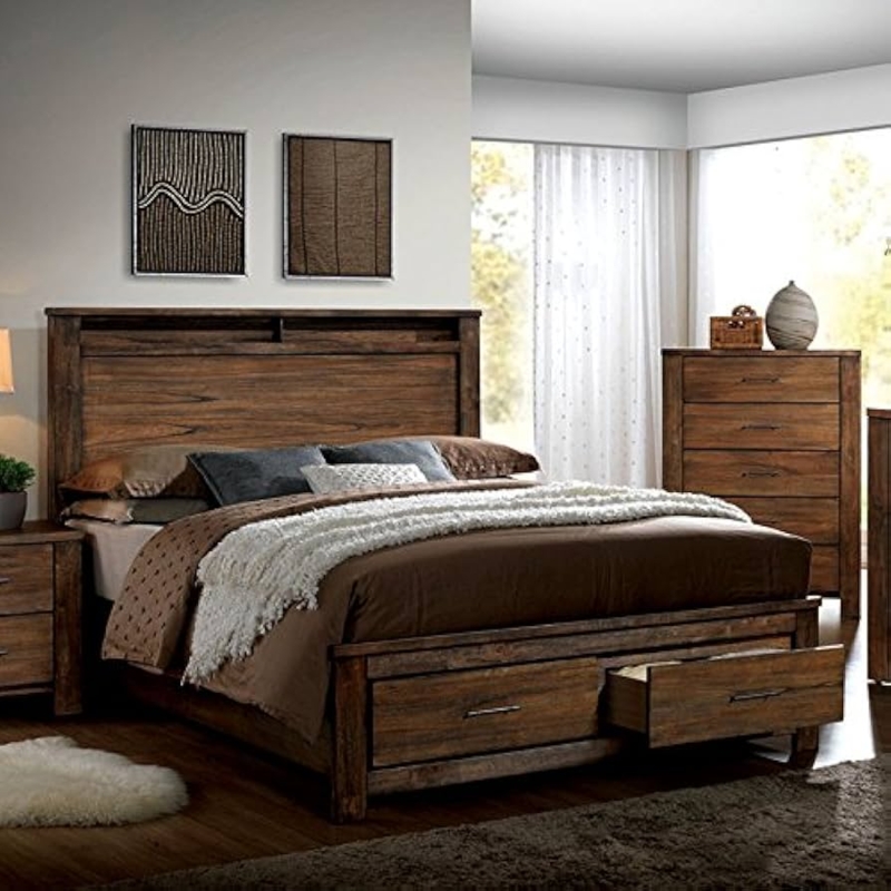 Storage Bed with Bookcase Headboard in Oak Finish