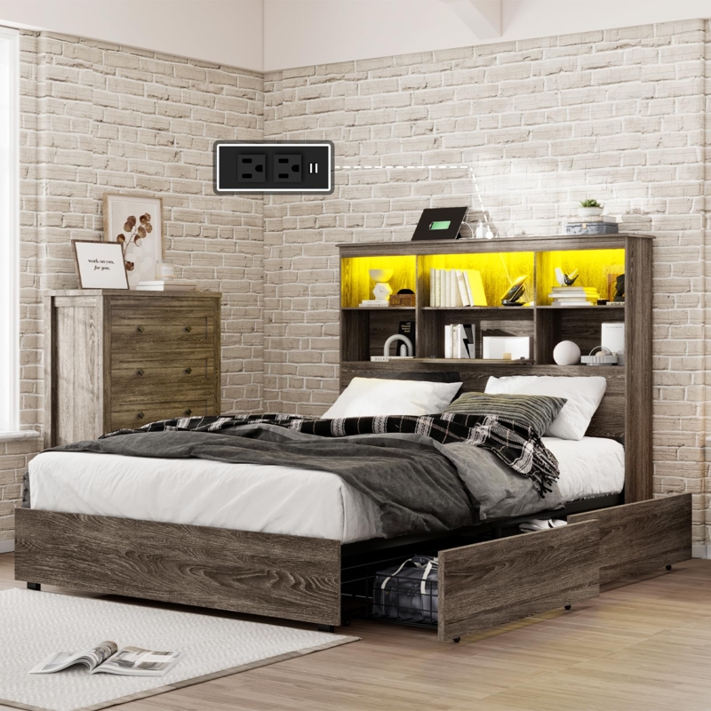 Storage Bed with Built-In Charging Station and LED Lighting