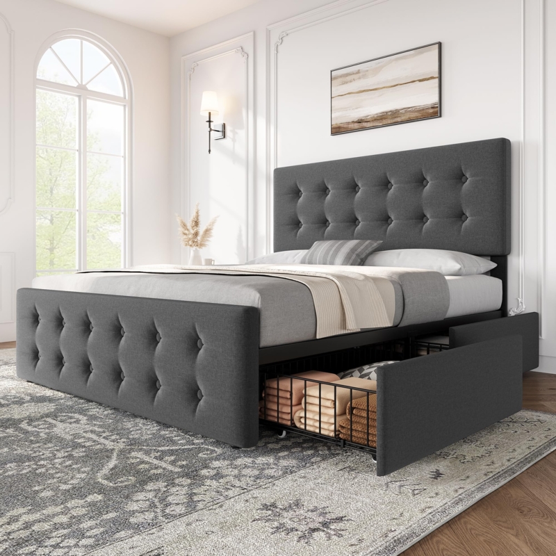 Storage Bed with Button Tufting and Integrated Drawers