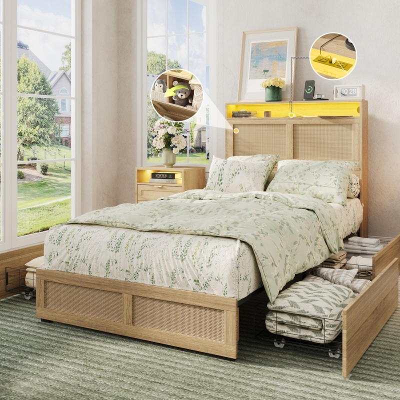Storage Bed with Charging Station & Hidden Headboard Rattan