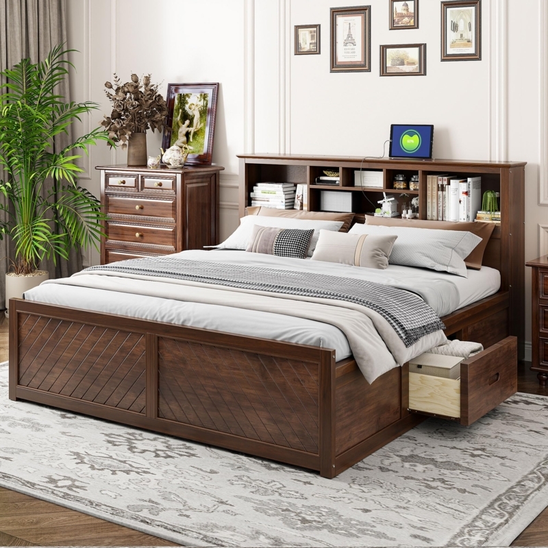 Storage Bed with Diagonal Planked Footboard and Integrated Tech