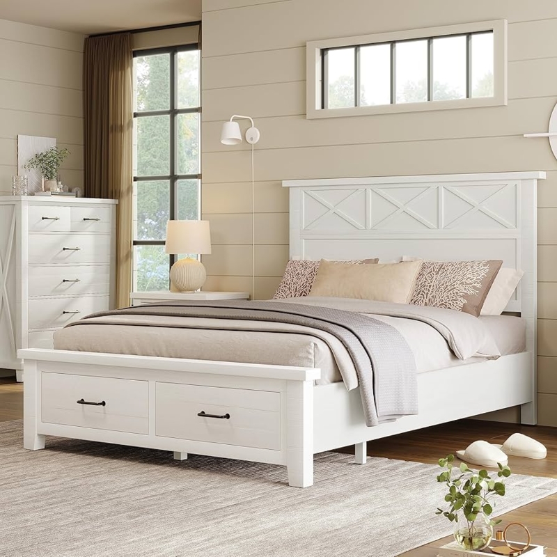 Storage Bed with Drawers, X-Pattern Headboard, Rustic Farmhouse Style