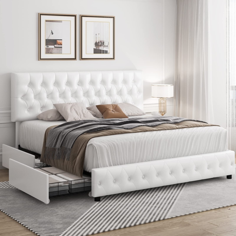 Storage Bed With Four Underbed Drawers Button Tufted White