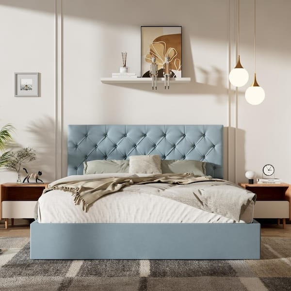 Storage Bed with Hydraulic Lift, Aqua Blue Vertical Channeling