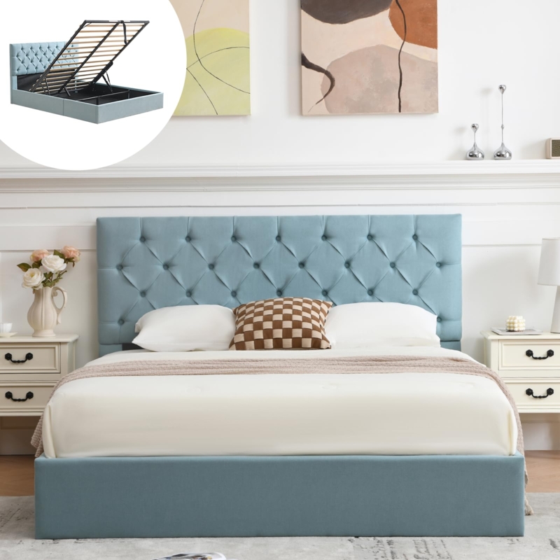 Storage Bed with Hydraulic Lift, Light Blue Linen Tufted Headboard