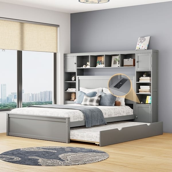Storage Bed with Integrated Trundle: Gray Bookcase Headboard Frame