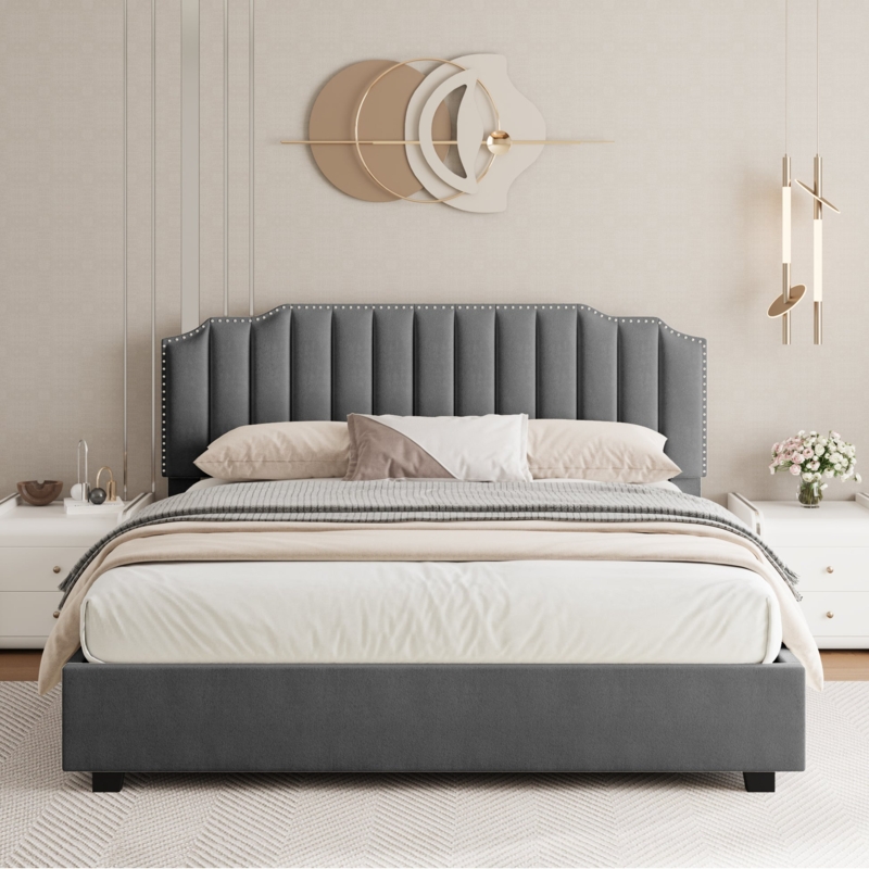 Storage Bed with Lift Up Storage and Gray Channel Tufting