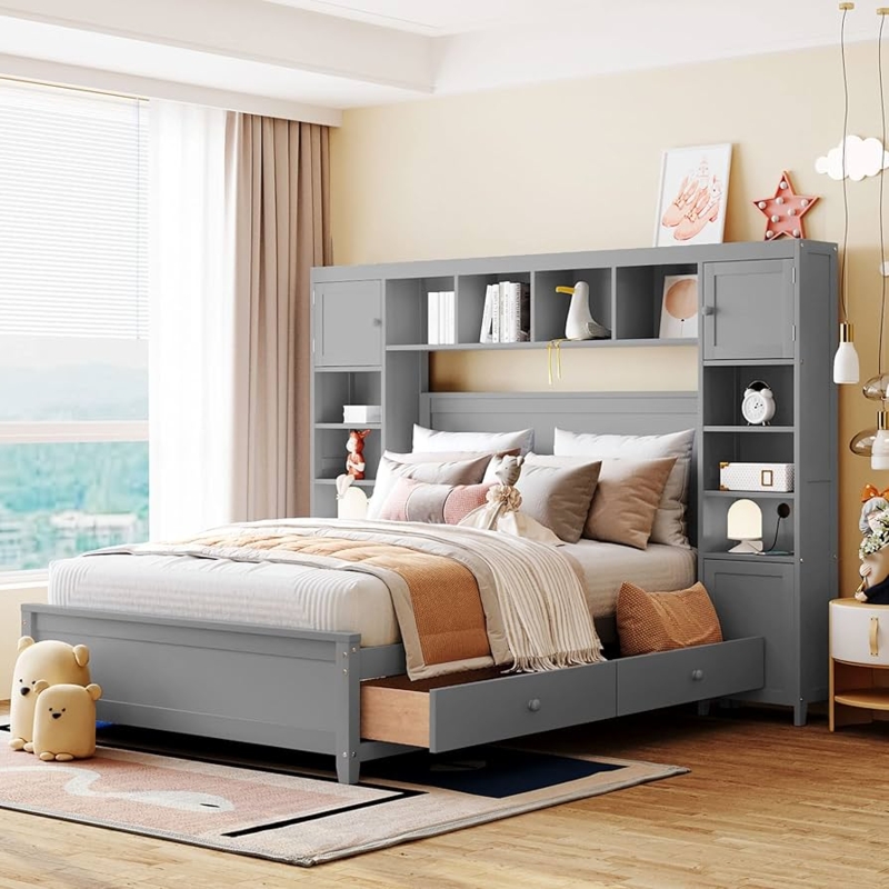 Storage Bed with Matte Grey Finish and Integrated Side Cabinets