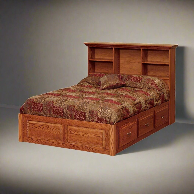 Storage Bed with Raised Panels and Honey Brown Finish Drawers