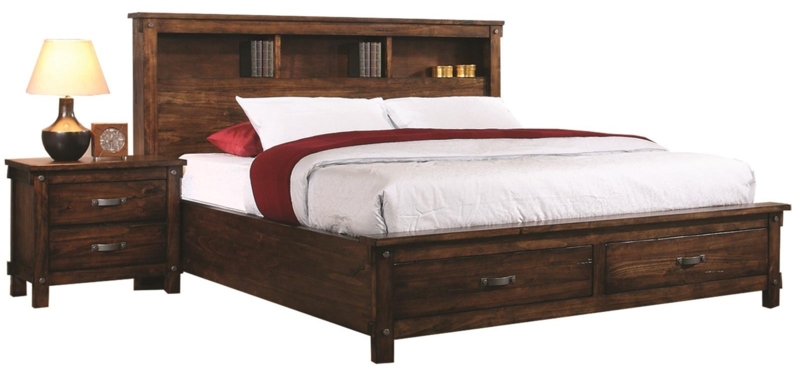 Storage Bed with Rustic Industrial Accents and Footboard Drawers