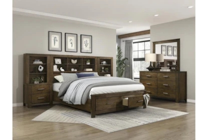 Storage Bed with Side Piers and Bookcase Headboard in Wood Finish