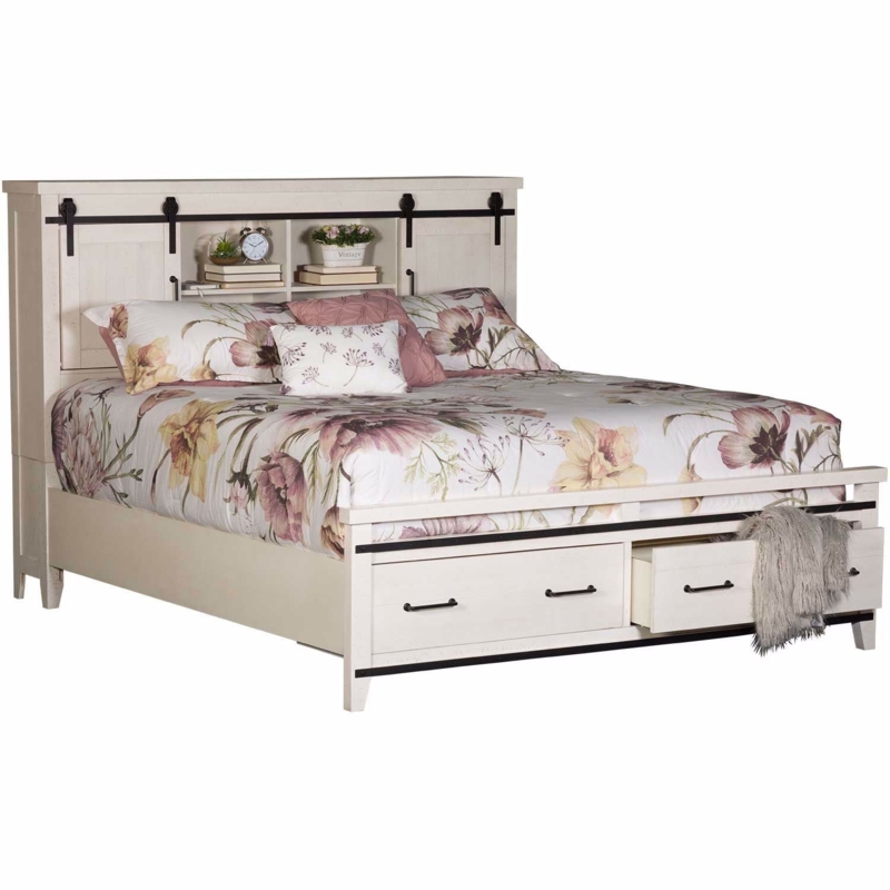 Storage Bed with Sliding Barn Door Headboard in Whitewashed Finish