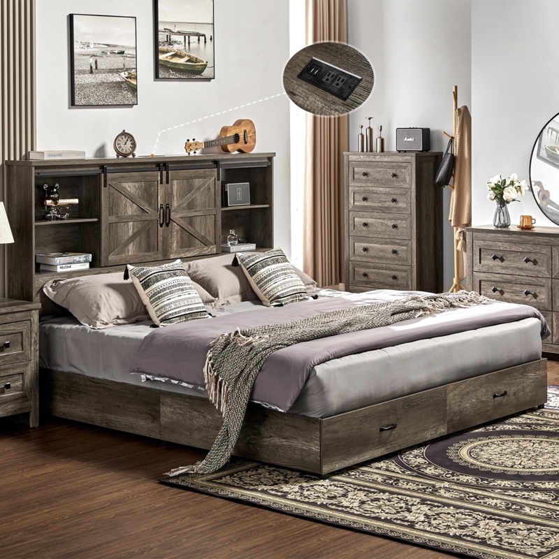 Storage Bed with Sliding Barn Doors and Integrated Charging Station