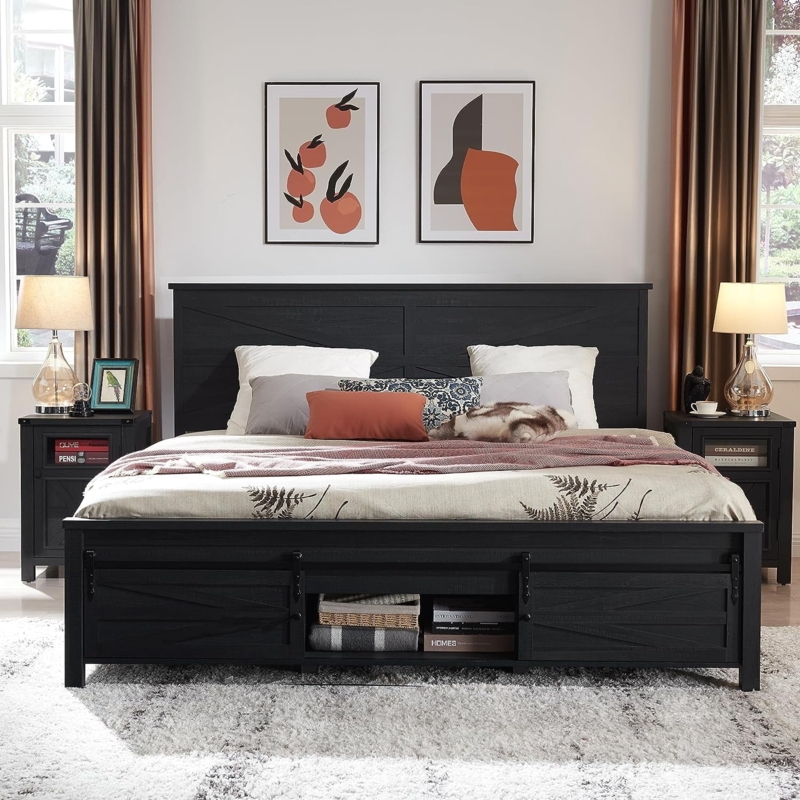 Storage Bed with Sliding Barn Doors and Modern Farmhouse Paneled Headboard