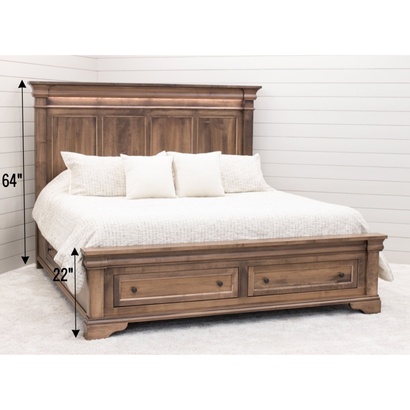 Storage Bed with Tall Paneled Headboard and Integrated Lighting