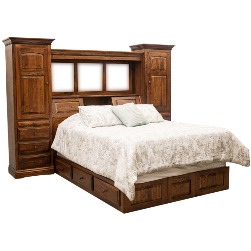 Storage Bed with Towers and Massive Bookcase Headboard in Wood Finish