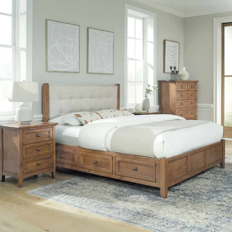 Storage Bed Wood Grain Finish with Tufted Headboard and Drawers