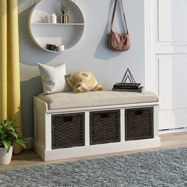 Storage Bench Coastal Style Woven Baskets Removable Cushion