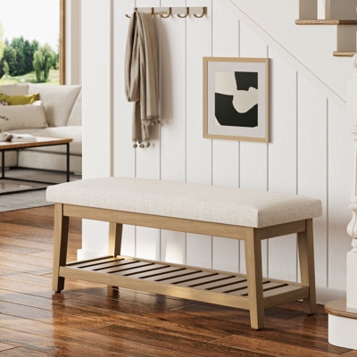 Storage Bench Cream Linen Seat Light Wood Slatted Shelf