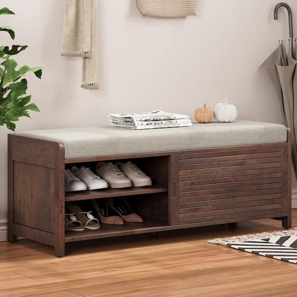 Storage Bench Espresso Finish with Sliding Louvered Door and Padded Seat