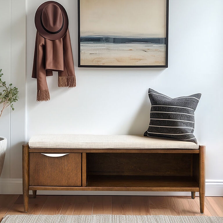 Storage Bench Mid Century Tapered Legs Crescent Pull Drawer
