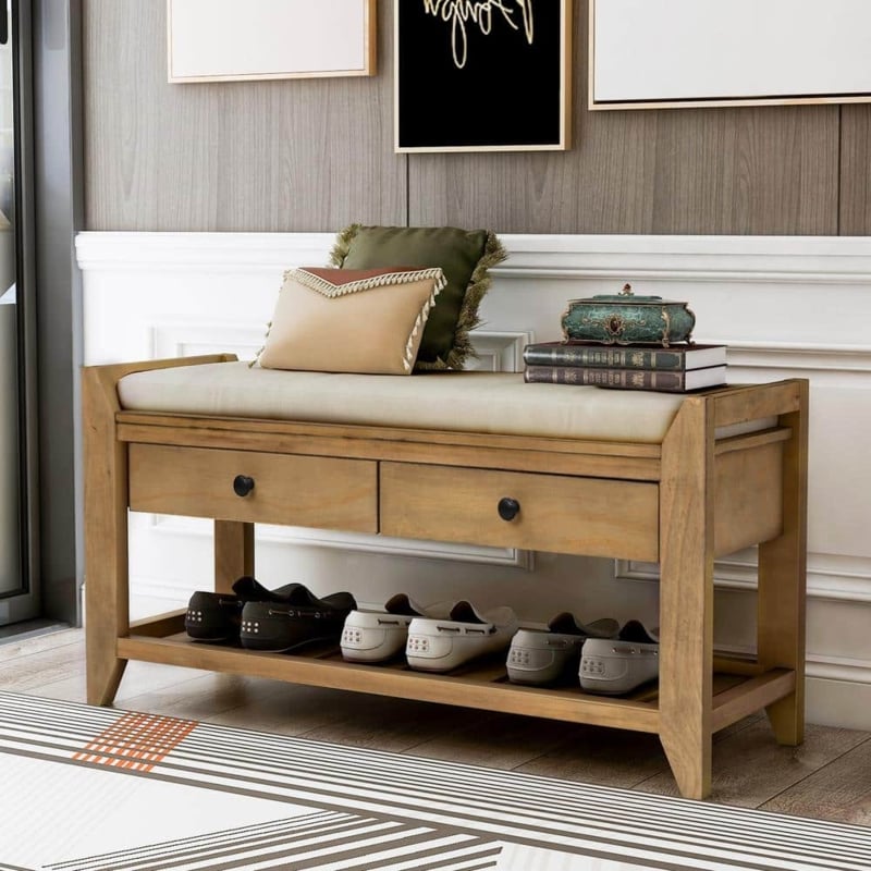 Storage Bench Transitional Wood Two Drawers Round Knobs